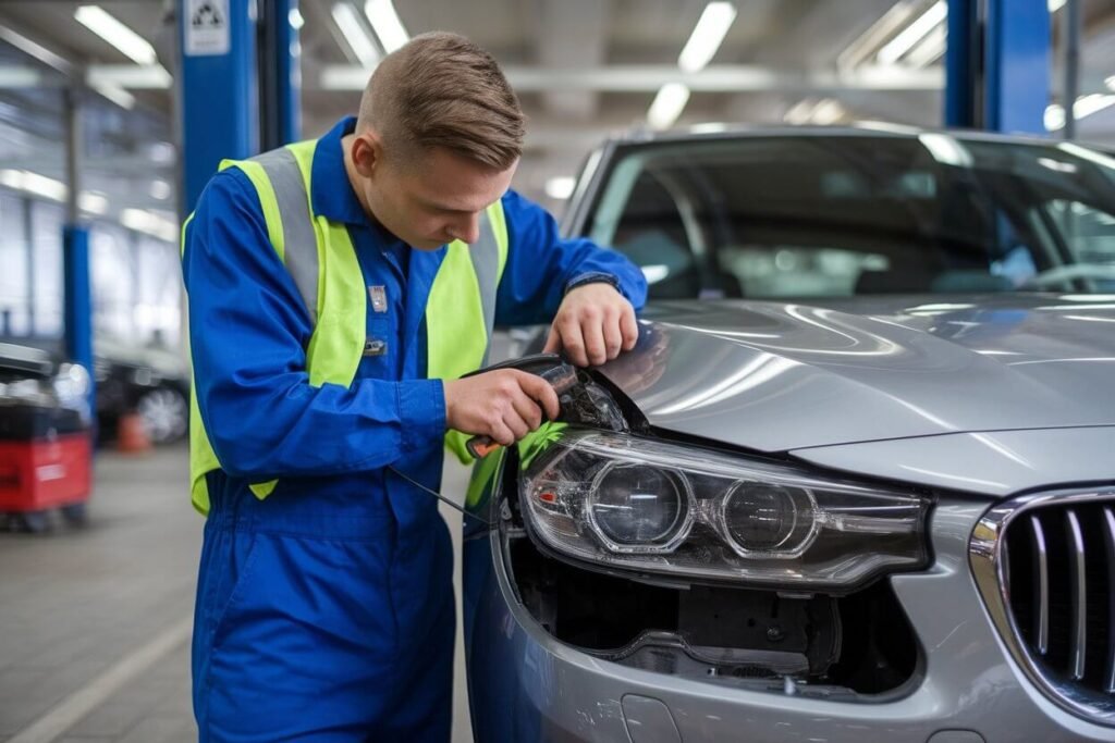 Front headlight repair close up